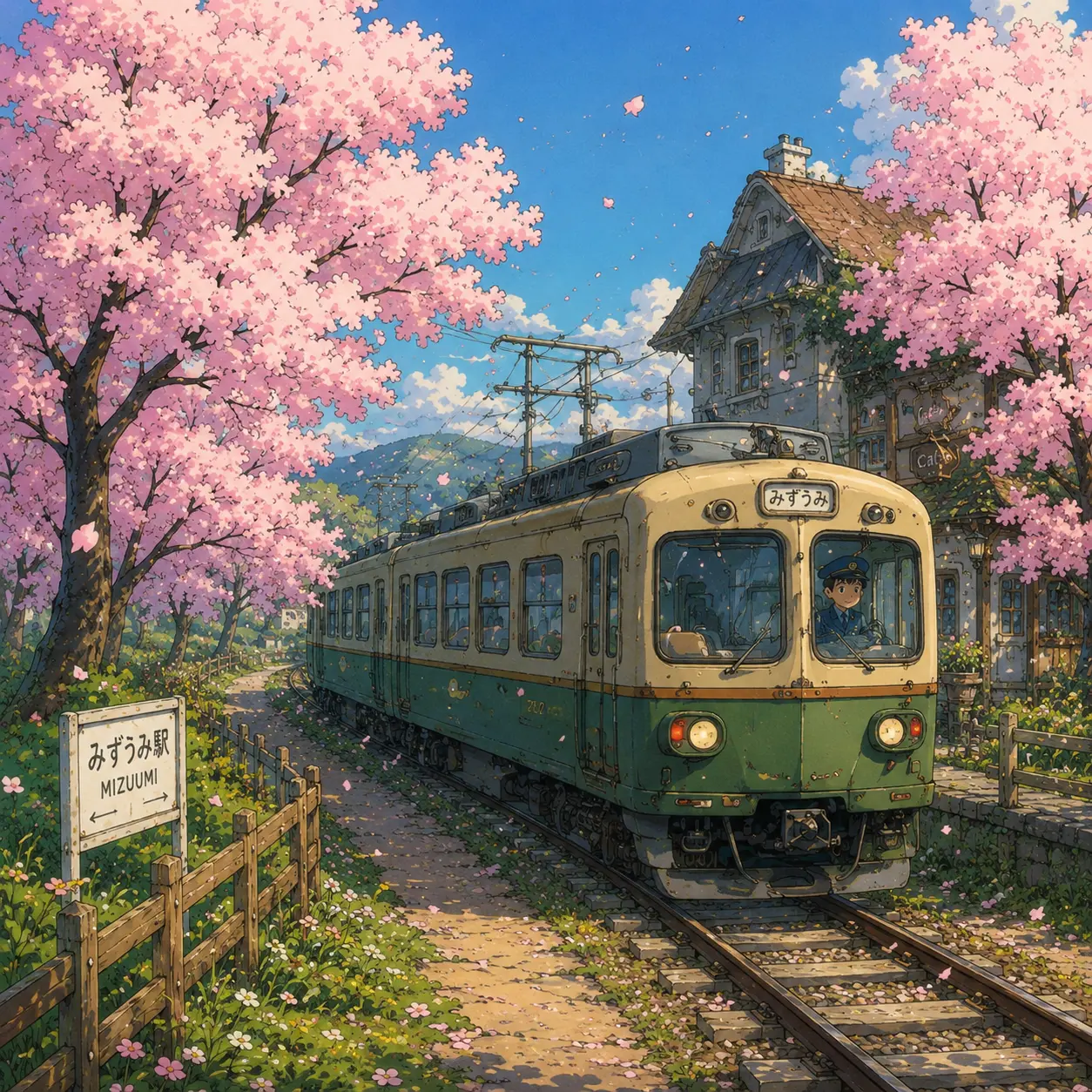 Cherry blossoms frame a passing train.