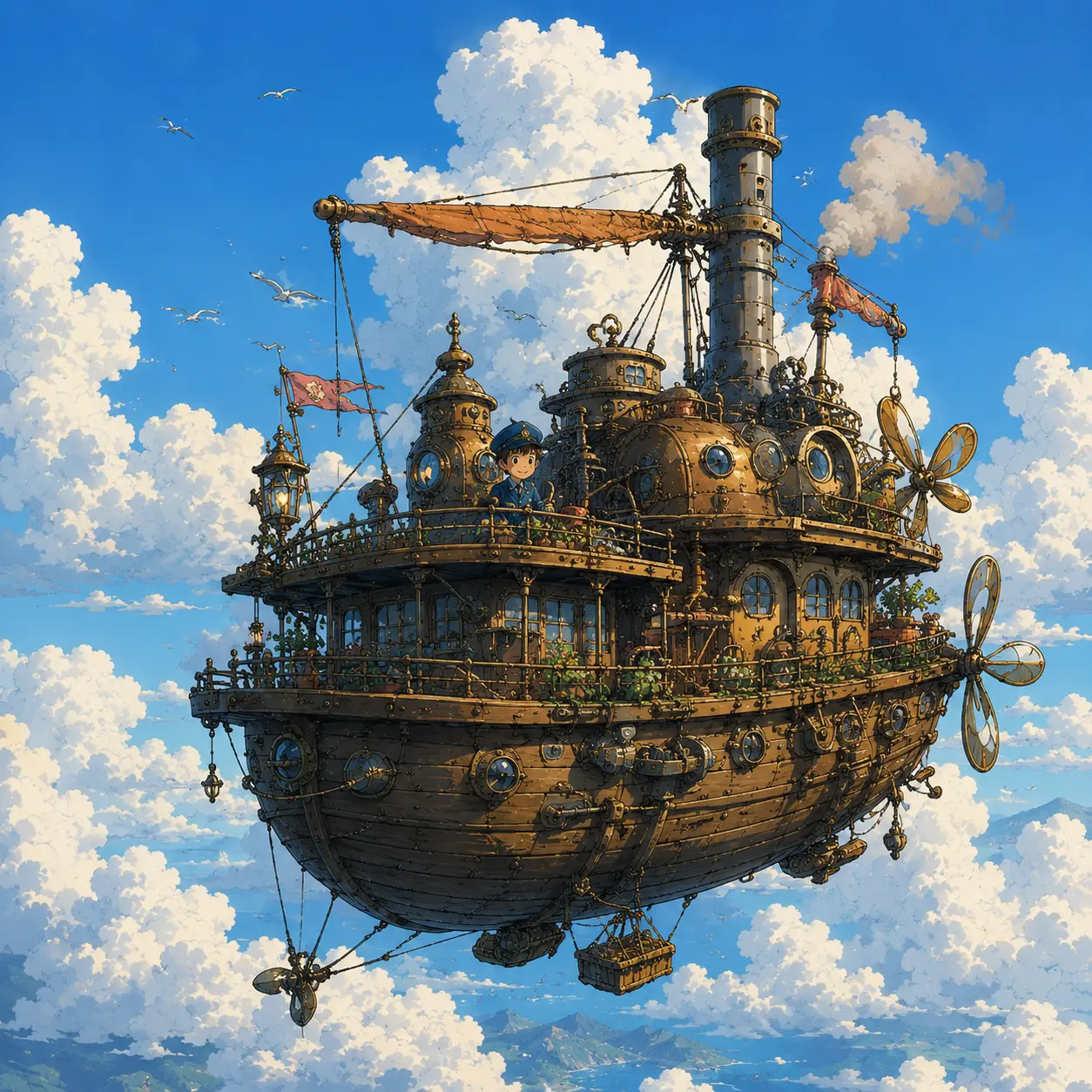 Floating steamship drifts through the sky.