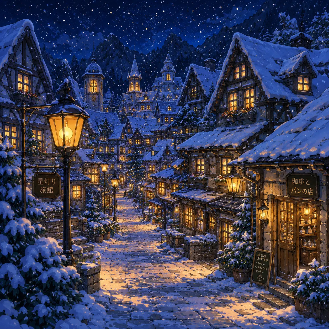 Snow settles over a lantern-lit village.