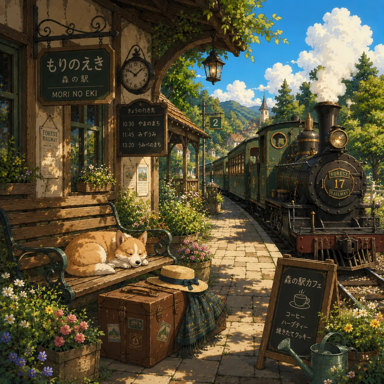 Quiet train stop waits beside the tracks.
